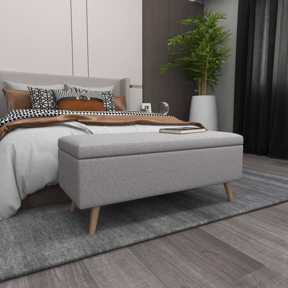 Modern Gray Polyester 42'' Storage Bench with Wooden Legs