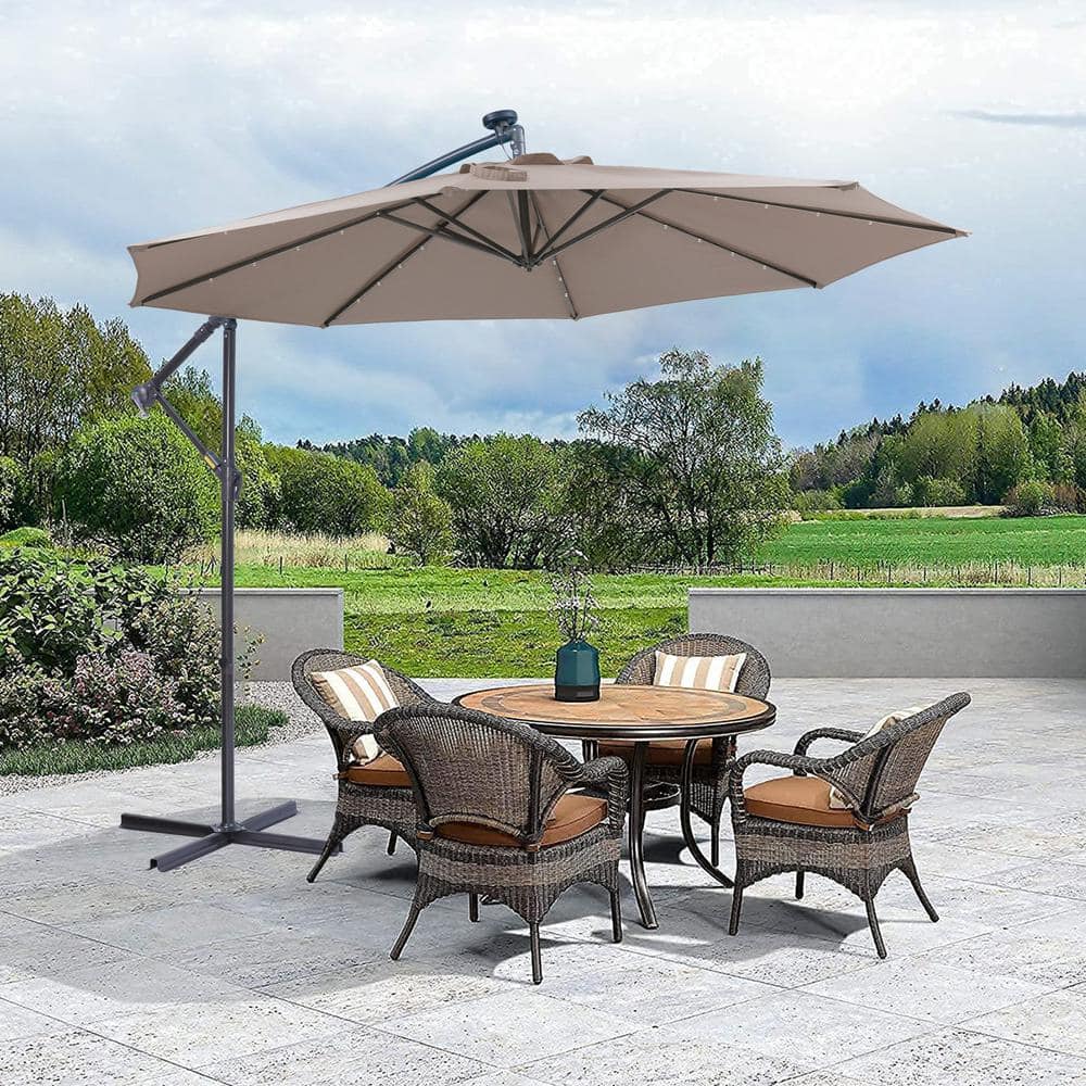 10 ft. Market Solar LED Patio Outdoor Umbrella in Taupe Hanging Cantilever 