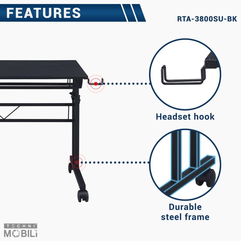 Adjustable Height Black Mobile Writing Desk with Cup Holder and Headphone Hook