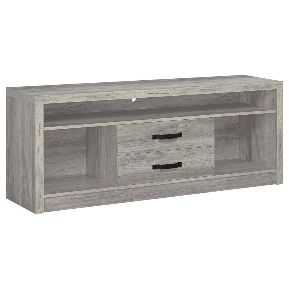 Modern Driftwood Gray TV Console with 2 Drawers and Open Shelving