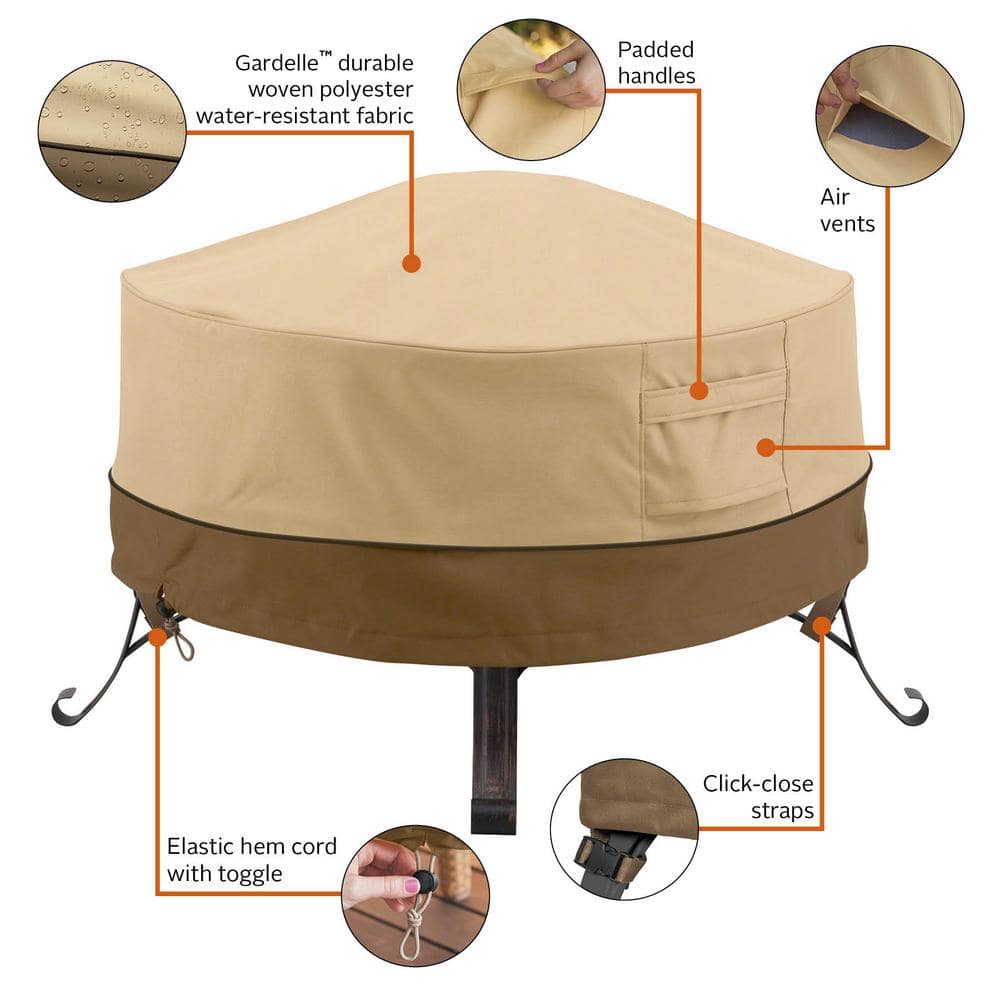 Tan and Brown Water-Resistant Round Fire Pit Cover with Handles