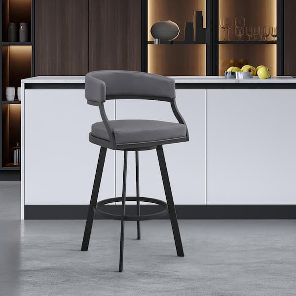 Armen Living Dione 38-42 in. Grey/Black Metal 26 in. Bar Stool with Faux Leather Seat