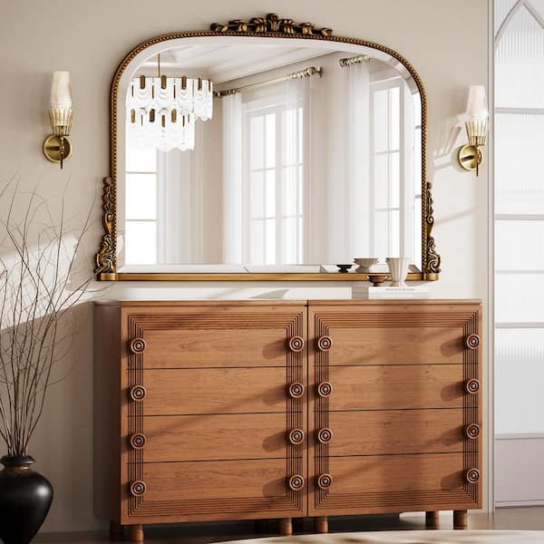 XRAMFY Antique Gold 44 in. W x 32 in. H Arched Polyurethane Framed