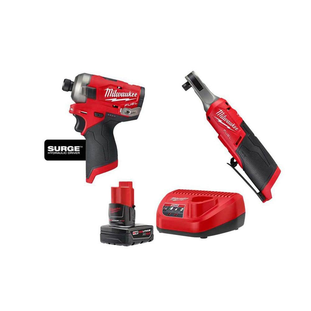 M12 FUEL SURGE 12V Lithium-Ion Brushless Cordless 1/4 in. Impact Driver & M12 FUEL 3/8 in. Ratchet w/Battery & Charger -  Milwaukee, 2440-2551-2567