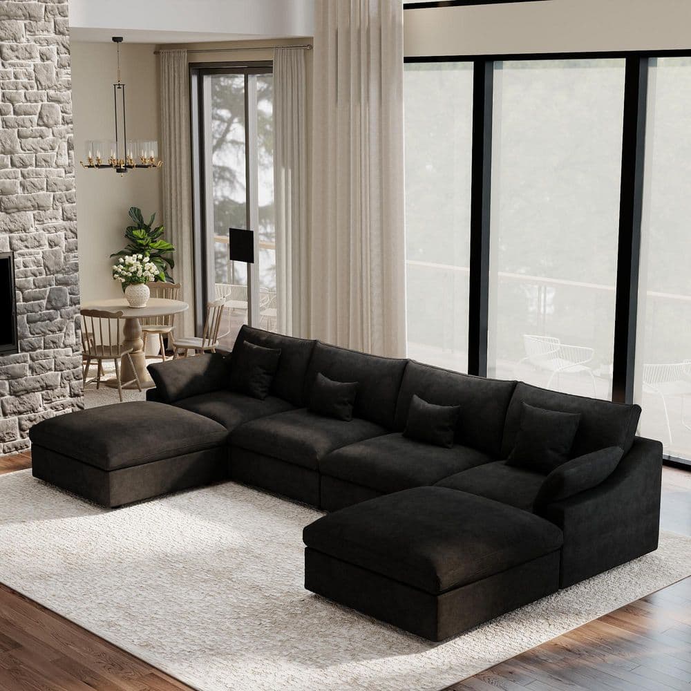 156 in. Square Arm 6-Piece Oversized Down Linen Flexible Modular Sectional Sofa with Ottoman, Removable Cover in Black