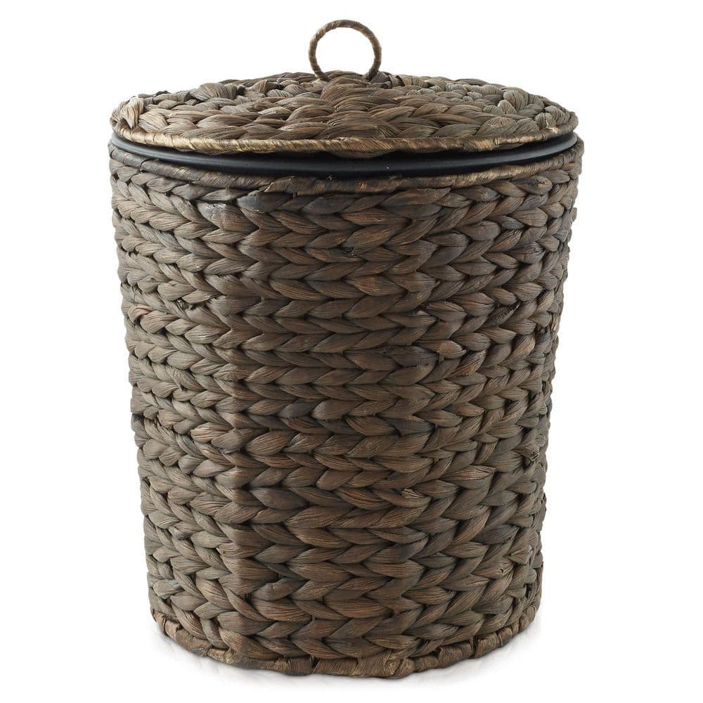 Espresso Water Hyacinth Woven Bathroom Trash Can with Lid