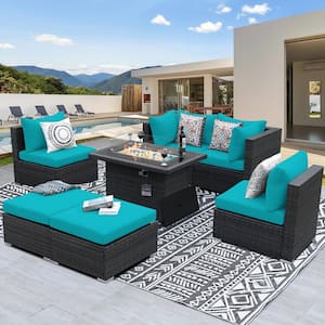 Luxury 7-Piece Charcoal Gray Wicker Patio Fire Pit Conversation Sectional Deep Seating Sofa Set with Teal Cushions