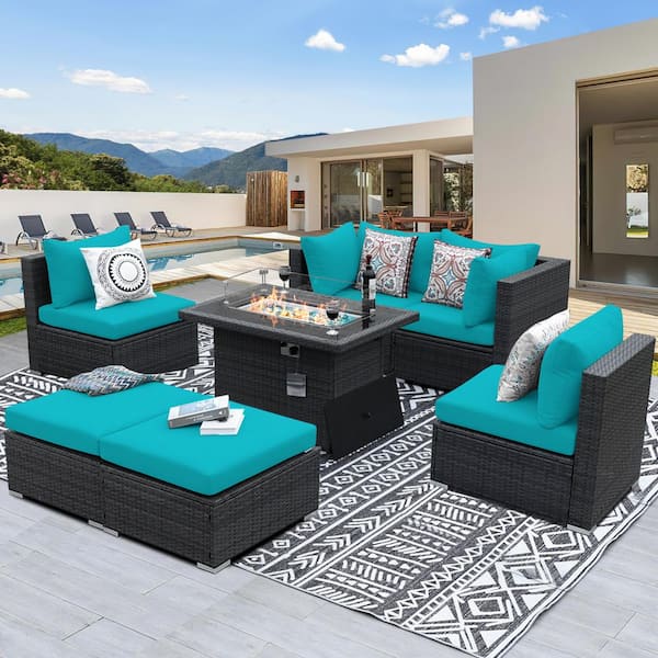 NICESOUL Luxury 7-Piece Charcoal Gray Wicker Patio Fire Pit Conversation Sectional Deep Seating Sofa Set with Teal Cushions