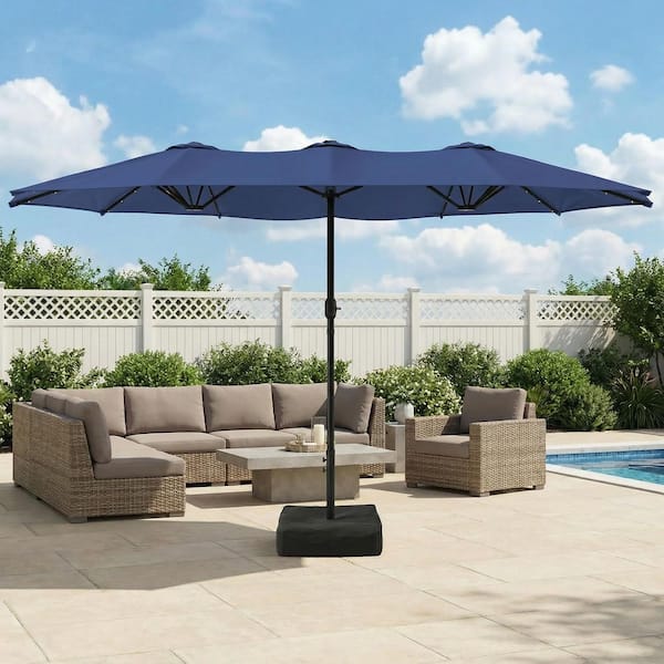 deck and patio umbrellas near calabash nc LAZZO 15 ft. Large Patio Umbrella with LED Lights and Base, Rectangular Triple Shade for Patio Deck Garden in Blue