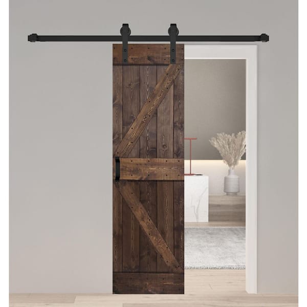 K Style 30 in. x 84 in. Coffee Finished Solid Wood Sliding Barn Door with Hardware Kit - Assembly Needed