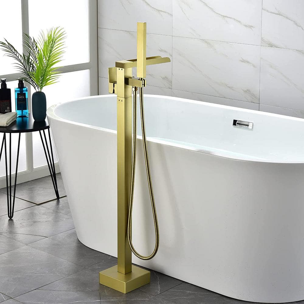 Brushed Gold Freestanding Tub Faucet with Handheld Shower