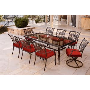 Traditions 9-Piece Aluminum Outdoor Dining Set with Rectangular Glass Table and 2 Swivel Chairs with Red Cushions