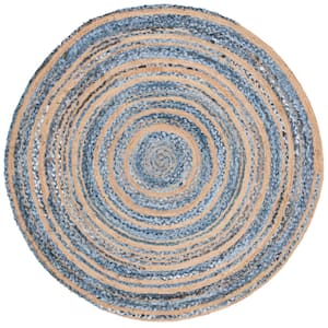 Cape Cod Blue/Natural 6 ft. x 6 ft. Round Distressed Striped Area Rug