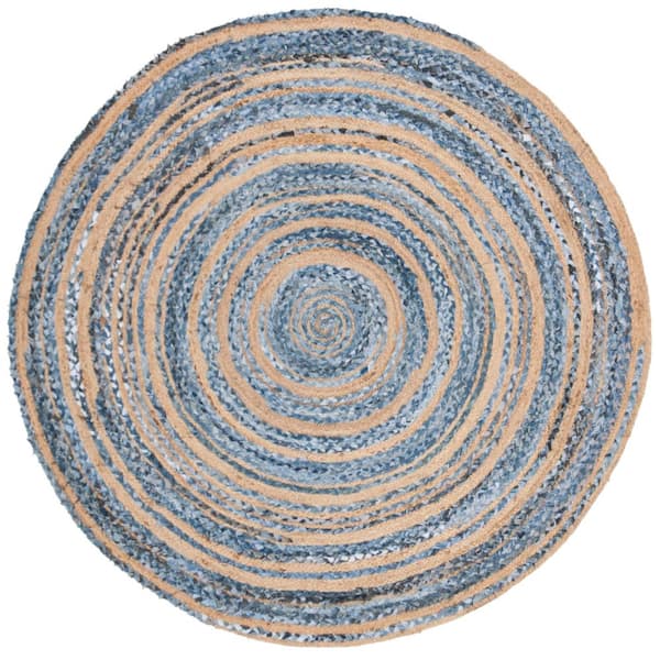 Cape Cod Blue/Natural 6 ft. x 6 ft. Round Distressed Striped Area Rug
