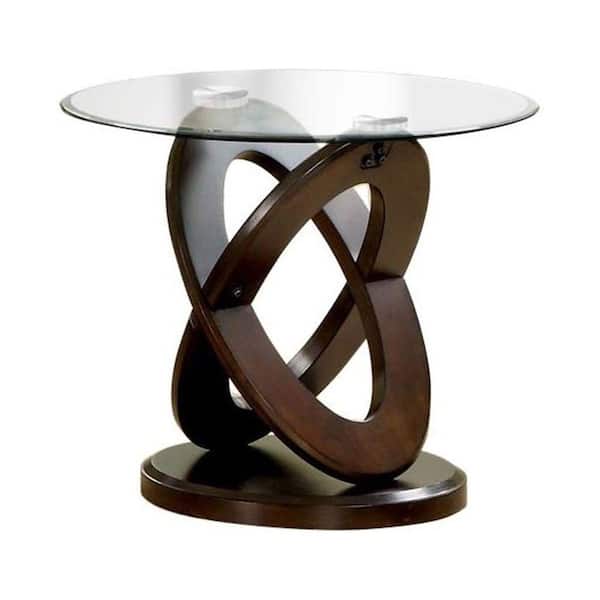 Benjara 26 in. W Brown and Clear Cross Oval Base End Table with Round Glass Top