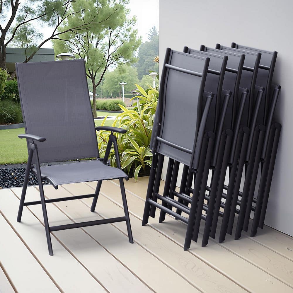 Black Adjustable Backrest Metal Patio Outdoor Dining Chairs in Gray (Set of 6)