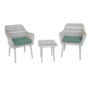 3 Piece Wicker Outdoor Bistro Set with Green Cushions