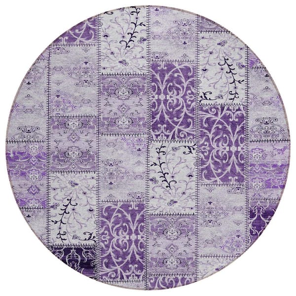 Purple 8 ft. Round Woven Plaid Round Indoor/Outdoor Area Rug