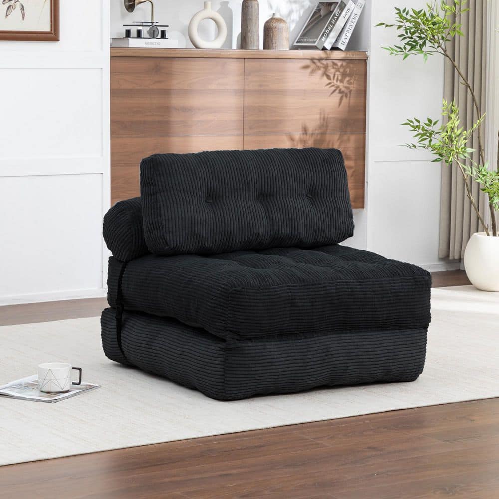 Modern Black Corduroy Fabric Upholstered Convertible Sleeper Side Chair Single Sofa Bed with Pillow