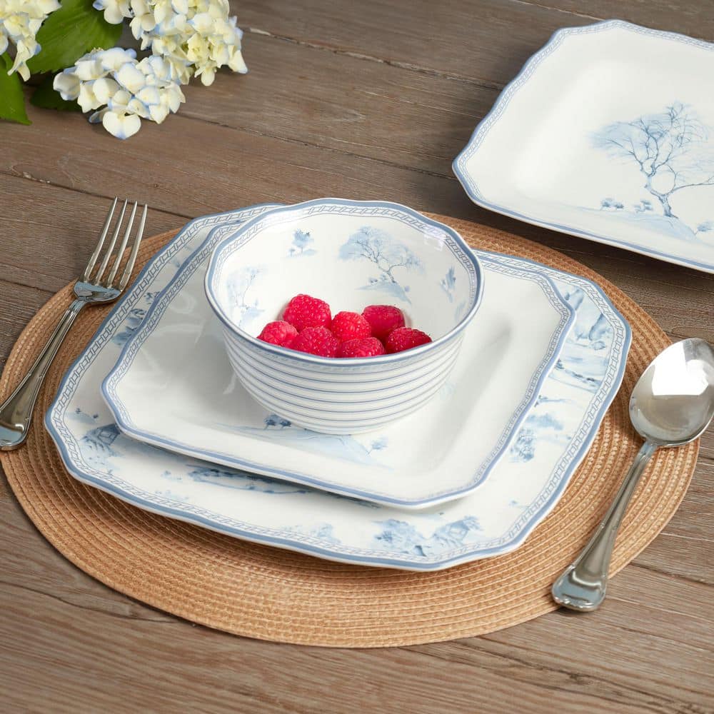 Scenic Toile Blue and White Porcelain 12-Piece Dinnerware Set