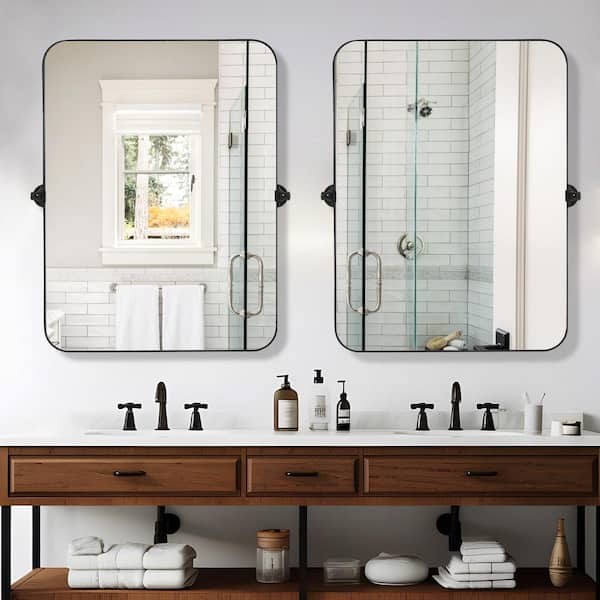 Lirago 23 in. W x 31.5 in. H Rectangular Metal Framed Pivoted Bathroom Wall Vanity Mirror in Black (Set of 2)