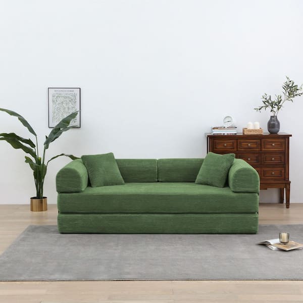 Seafuloy Olive Green Chenille Round Arm Chaise Lounge, Corduroy King Sofa Bed, Folding Couch or Sofa