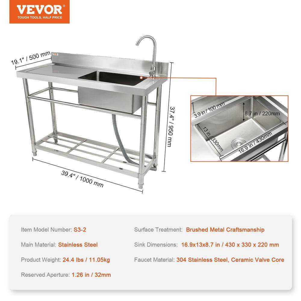 Stainless Steel Freestanding Utility Sink with Faucet and Workbench
