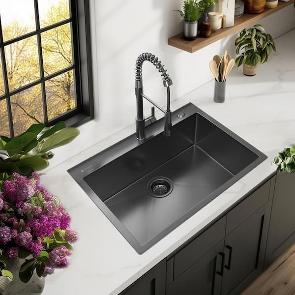 30 in. Drop-In Single Bowl 18 Gauge Gunmetal Black Stainless Steel Kitchen Sink with Black Spring Neck Faucet