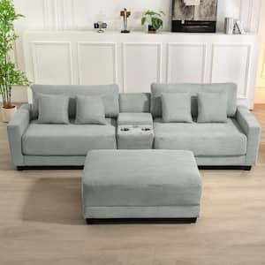 Laibai 111.81 in. Square Arm Velvet Modular 3-Piece Modern Sofa with Cup Holder and Ottoman in Grey