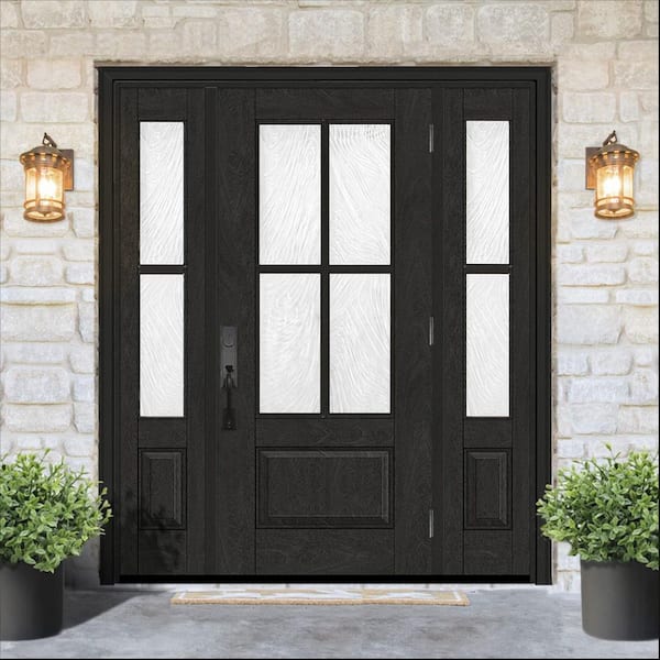 Steves & Sons 68 in. x 80 in. Regency 3/4-Lite 4SDL Brook Deco Glass LHOS Onyx Fiberglass Prehung Front Door 14 inSLs_4-9/16 in. Jamb