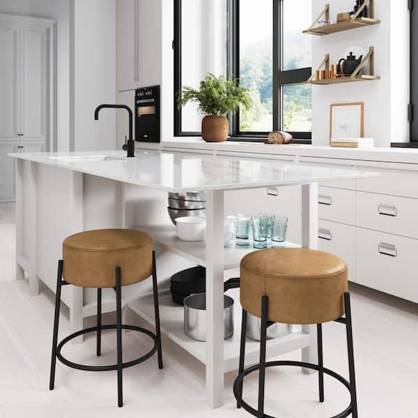 Isaac 24 in. Modern Counter Height Bar Stool with Padded Faux Leather Seat, Light Brown/Black
