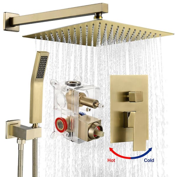 Heemli Rainfall Single Handle 1-Spray Square 12 in. Shower Faucets 1.8 GPM with Pressure Balance in. Gold (Valve Included)