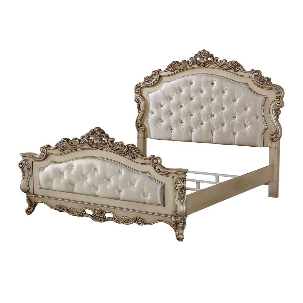 Antique White California King Upholstered Wood Bed with Tufted Headboard