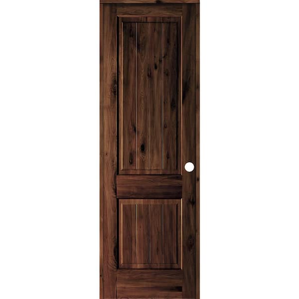 Krosswood Doors 30 in. x 96 in. Knotty Alder 2 Panel Left-Hand Square Top V-Groove Red Mahogany Stain Wood Single Prehung Interior Door