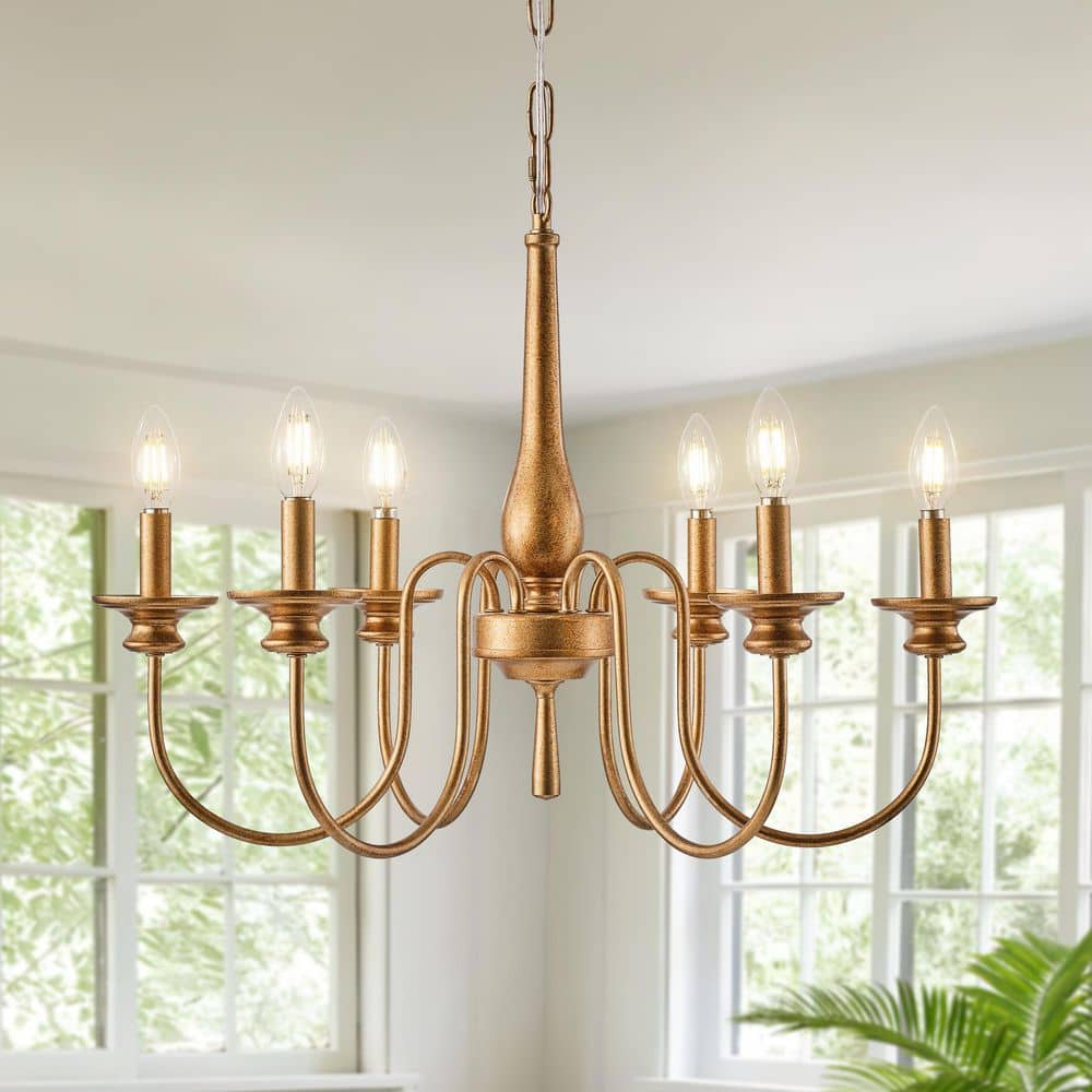 TinHon 6-Light Vintage Gold Candle Chandelier for Dining Room