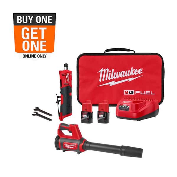 M12 FUEL 12V Lithium-Ion Brushless Cordless 1/4 in. Straight Die Grinder Kit w Two 2.0 Ah Batteries & M12 Spot Blower