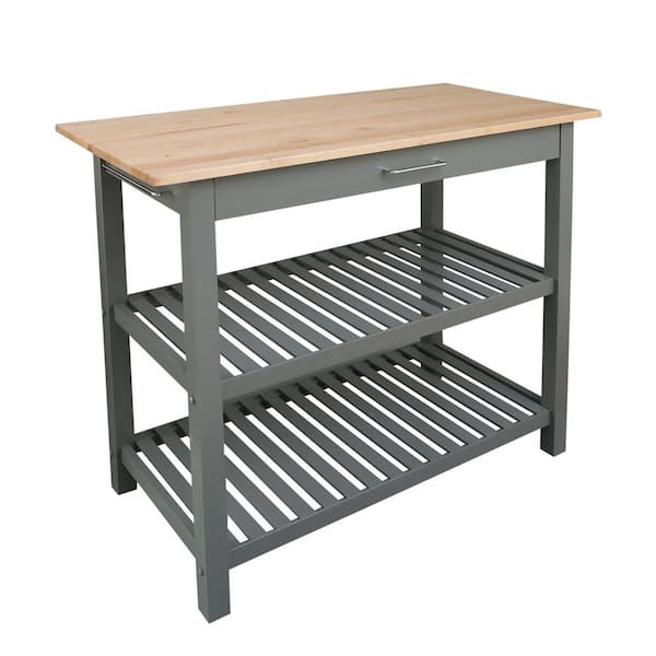 Casual Home Kitchen Island Bar Station with Hardwood Counter and Storage in Green