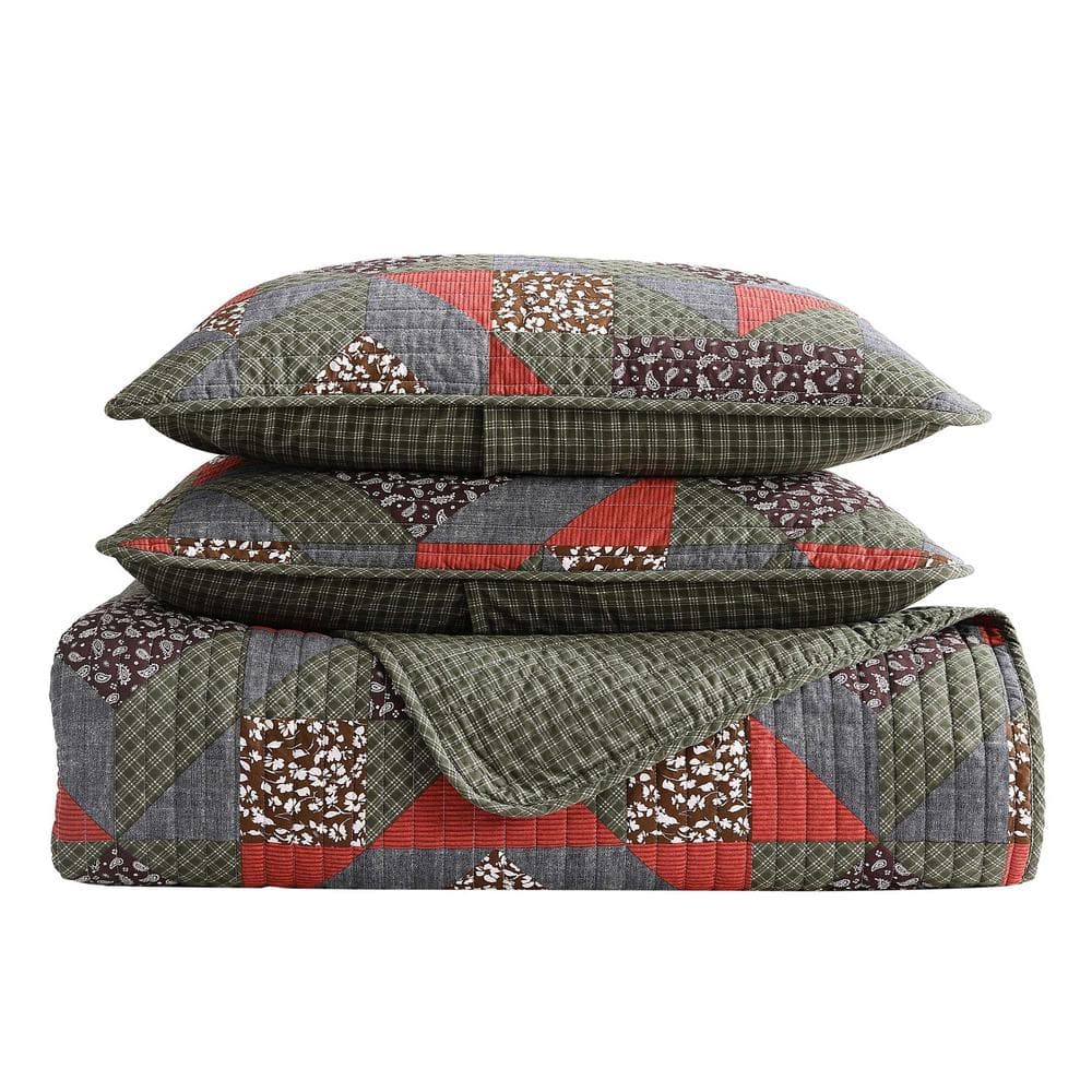 Full Patchwork Cotton Reversible Quilt Set in Brown