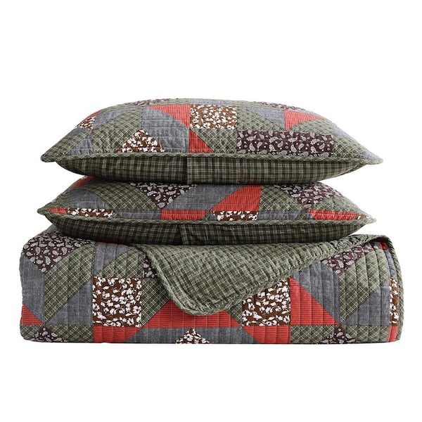 Eddie Bauer Block Patchwork 3-Piece Green/Brown Cotton Full/Queen Quilt Set