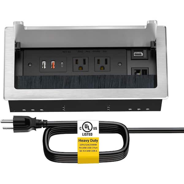 Lukyamzn 2-Outlet Conference Table Power Hub with 1 HDMI + 1 RJ45 + 20W USB C & 2 USB A in Black 6 ft. Power Cord