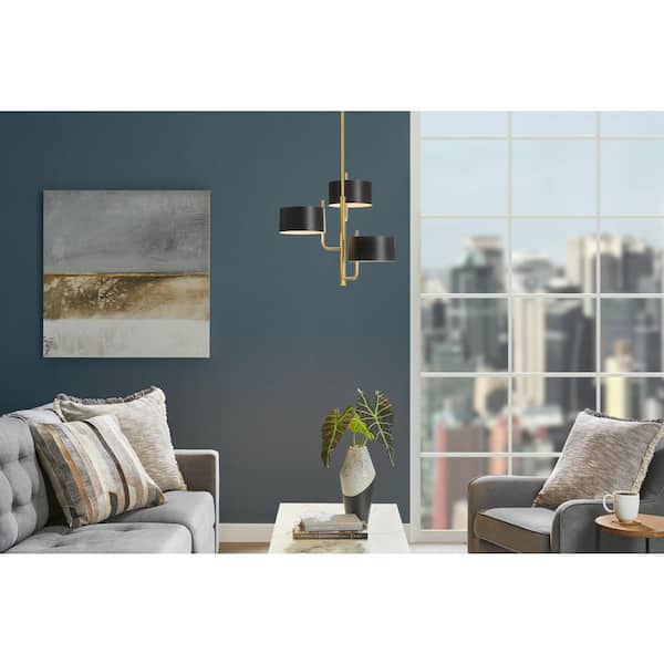 Northampton 21 in. 3-Light 3 Shade Aged Brass Finish Chandelier with Matte Black Out and White Inside Metal Shade