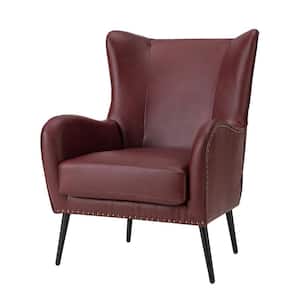 Harpocrates Modern Burgundy Wooden Upholstered Nailhead Trims Armchair With Metal Legs