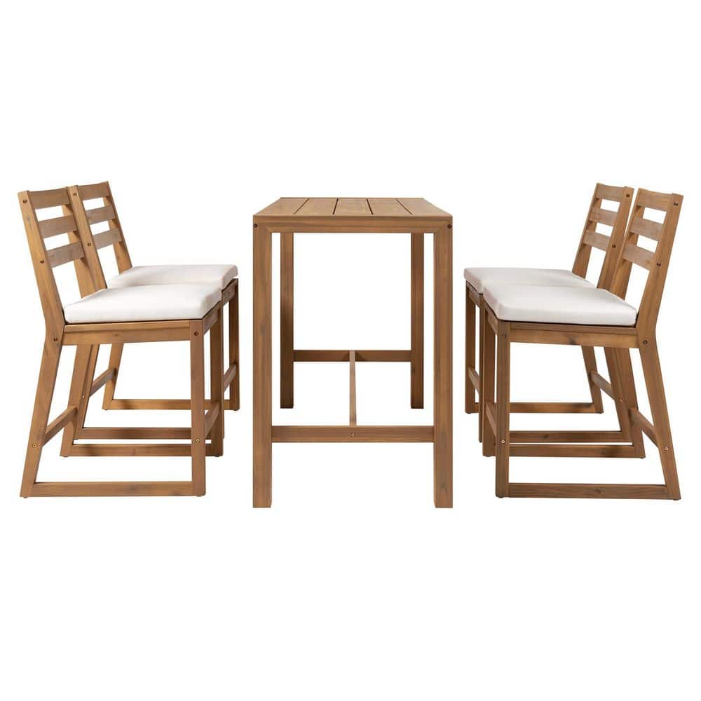 Dervin Rustic 5 Piece Light Teak Finish Wood Rectangle Outdoor Bistro Patio Bar Set with Beige Cushions, Slat Design price history on PriceWatchPro