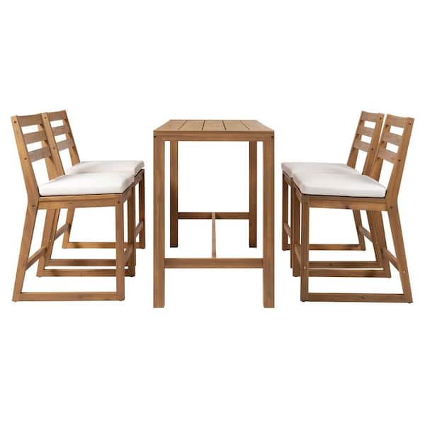 Dervin Rustic 5 Piece Light Teak Finish Wood Rectangle Outdoor Bistro Patio Bar Set with Beige Cushions, Slat Design