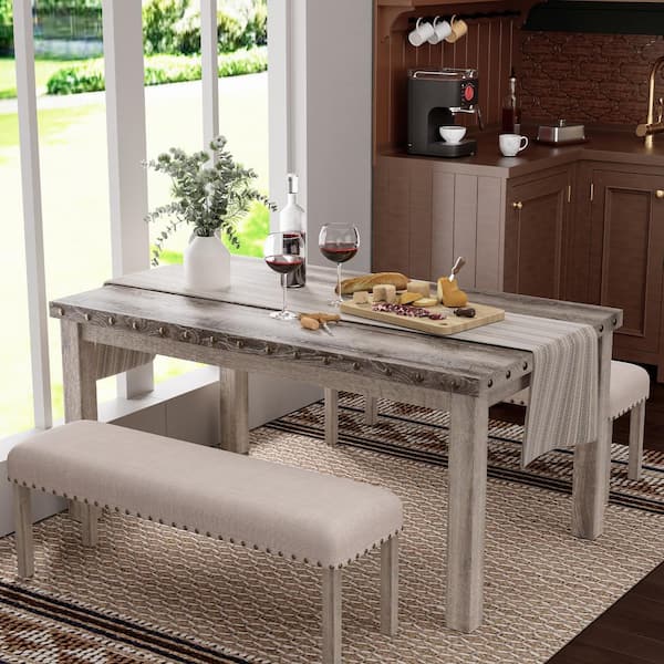 3-Pieces Rustic Rectangular Log Wooden Top Dining Table and Bench Set for Farmhouse Kitchen Seats of 2