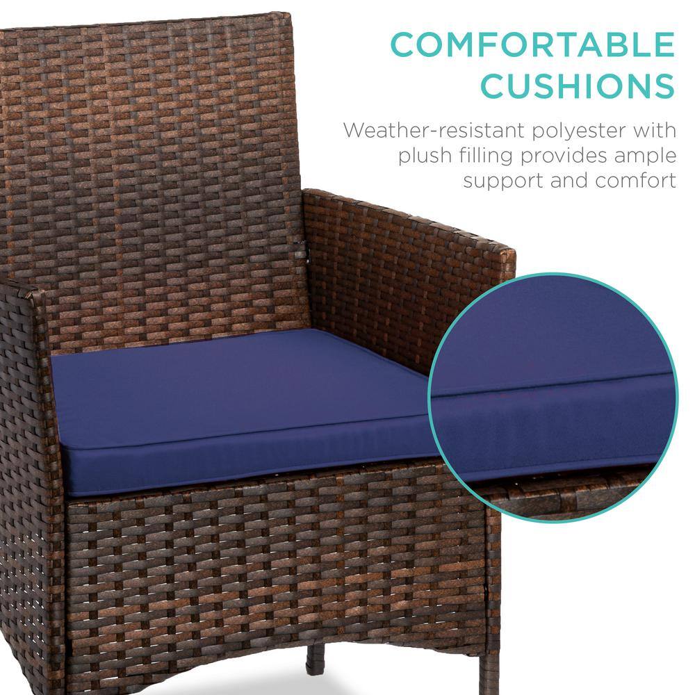 Brown and Navy 3-Piece Outdoor Wicker Patio Bistro Set