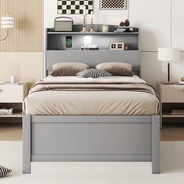 Nestfair Gray Wood Frame Twin Size Platform Bed with LED, Drawers