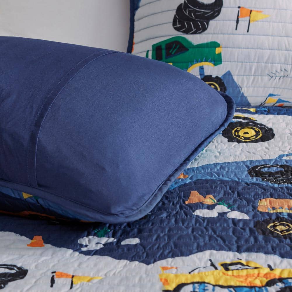 Blue Monster Truck Microfiber Reversible Twin Quilt Set