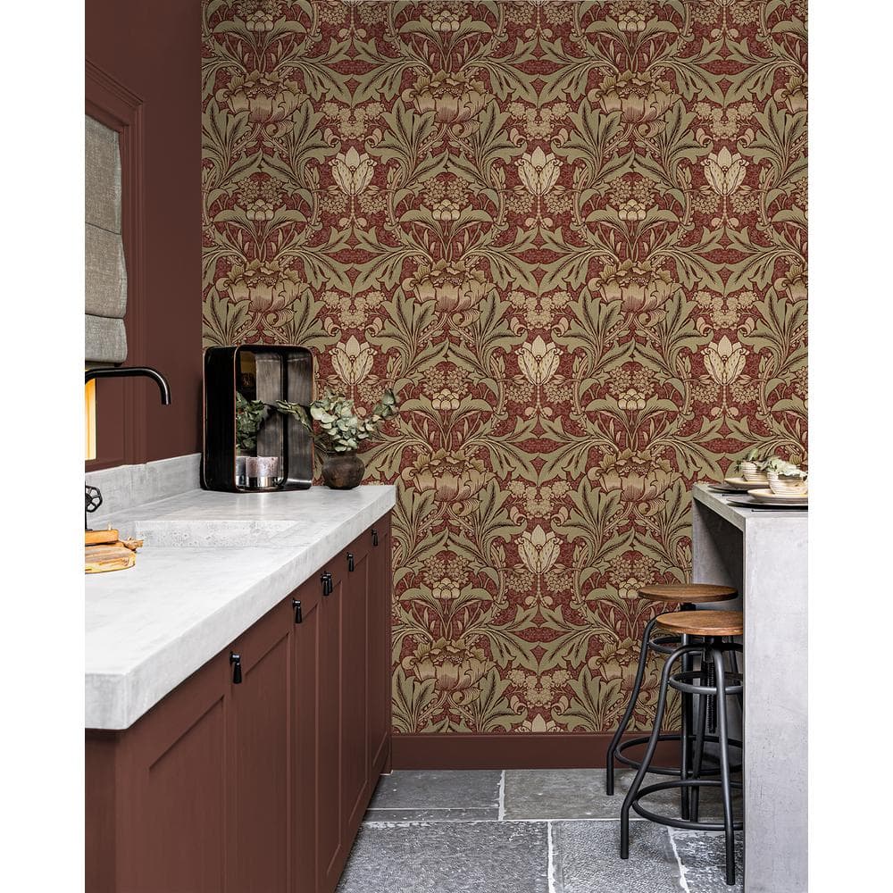 Red Clay and Lichen Floral Vinyl Peel and Stick Wallpaper