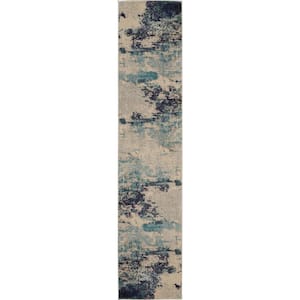 Celestial Ivory/Teal Blue 2 ft. x 12 ft. Abstract Modern Kitchen Runner Area Rug